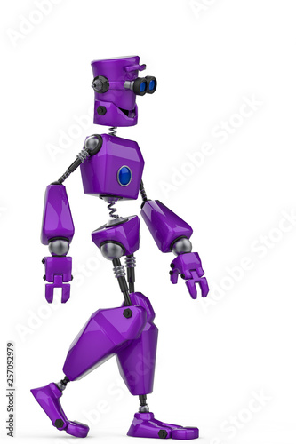funny purple robot cartoon just walking in a white background