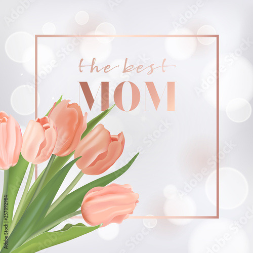 Mothers Day Banner Template with Tulips Flowers. Mother Day Holiday Floral Greeting Card for Flyer, Brochure, Sale Spring Discount Template. Vector illustration