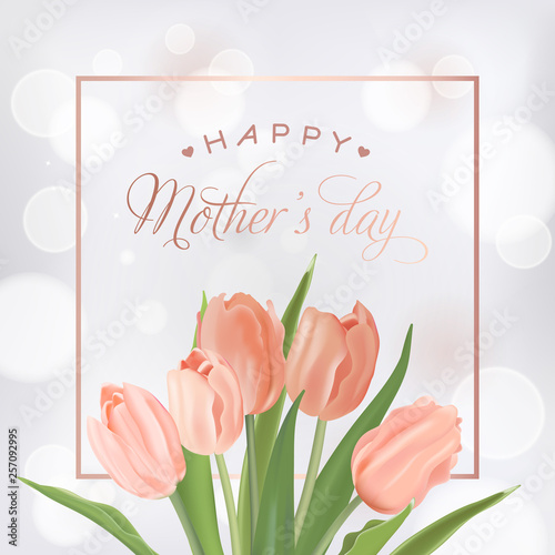 Mothers Day Banner Template with Tulips Flowers. Mother Day Holiday Floral Greeting Card for Flyer, Brochure, Sale Spring Discount Template. Vector illustration