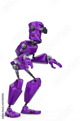 funny purple robot cartoon doing a what is up sose in a white background