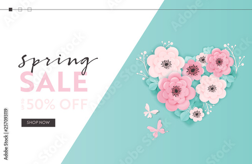 Spring Sale Website Template with Paper Cut Flowers. Spring Discount Offer Web Banner for Online Shopping with Floral Elements for Landing Page, Flyer, Brochure. Vector illustration