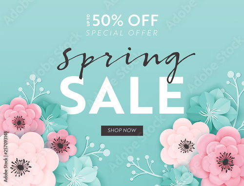 Spring Sale Banner Background with Paper Cut Flowers. Spring Discount Voucher Template, Brochure, Poster, Advertising Promotion. Vector illustration