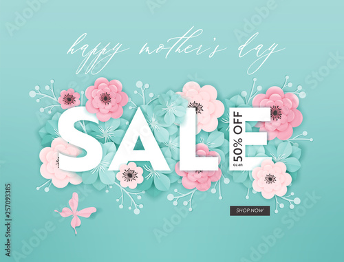 Mothers Day Sale Design. Spring Promo Discount Banner Template with Paper Cut Flowers for Flyer, Poster, Voucher Advertising. Vector illustration