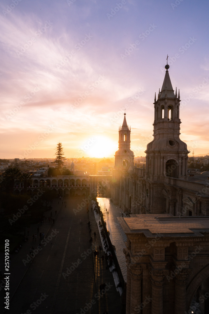 Naklejka premium Church in Arequipa, Peru at Sunset