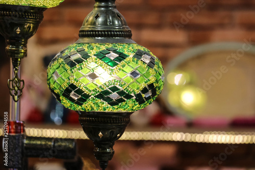 Traditional bright decorative hanging Turkish lamps and colourful lights with vivid colours in the Istanbul Bazaar, Turkey