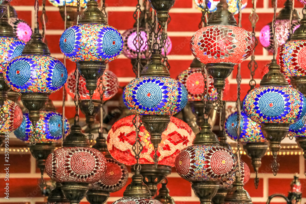 Traditional bright decorative hanging Turkish lamps and colourful lights with vivid colours  in the Istanbul Bazaar, Turkey