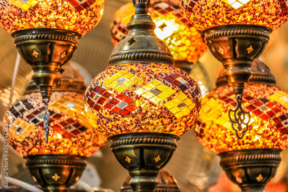Traditional bright decorative hanging Turkish lamps and colourful lights  with vivid colours in the Istanbul Bazaar, Turkey Stock Photo | Adobe Stock