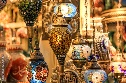 Photography Traditional bright decorative hanging Turkish lamps and colourful lights with vi