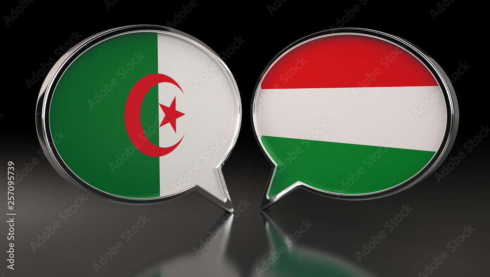 Obraz premium Algeria and Hungary flags with Speech Bubbles. 3D Illustration