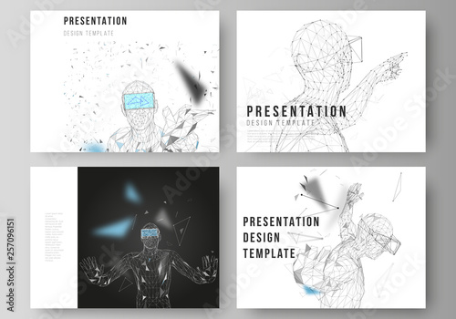 The minimalistic abstract vector illustration of the editable layout of the presentation slides design business templates. Man with glasses of virtual reality. Abstract vr, future technology concept.