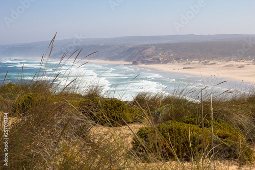 beach, sea, landscape, sky, sand, water, coast, ocean, grass