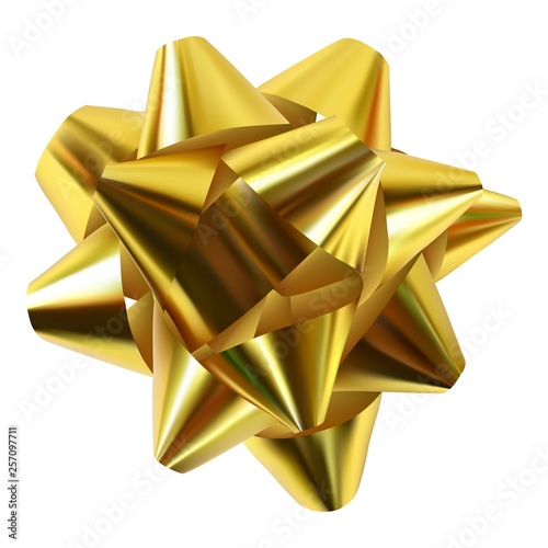 Golden ribbon gift bow isolated on white background. Vector illustration. Realistic 3d object.