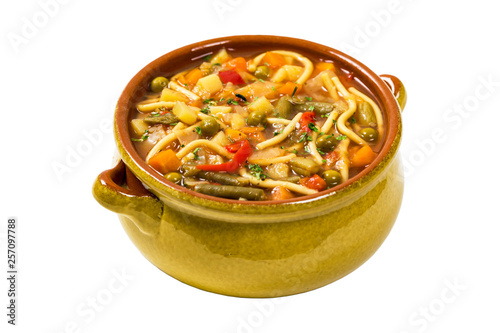 Vegetarian Vegetable Soup Isolated on a white background. Selective focus.