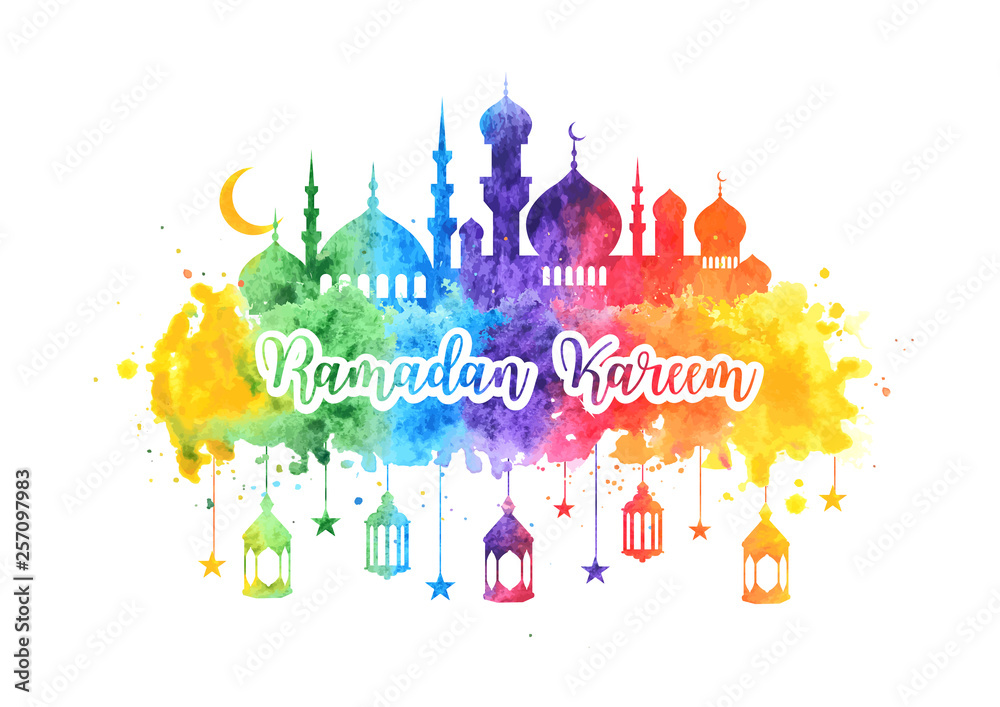 Ramadan Kareem watercolor background, greeting card with mosque, arabic lamps, stars and crescent. Banner for the Islamic Ramadan celebration. Vector illustration eps 10