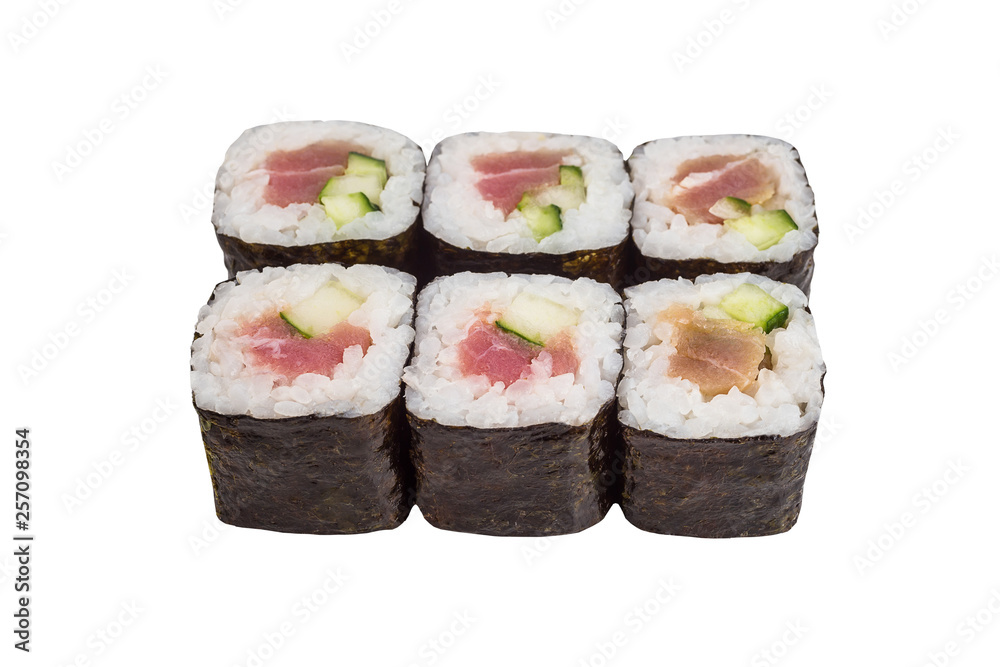 Classical roll sushi with tuna and cucumber isolated on white background for menu. Japanese food Classical roll sushi with tuna and cucumber isolated on white background for menu. Japanese food