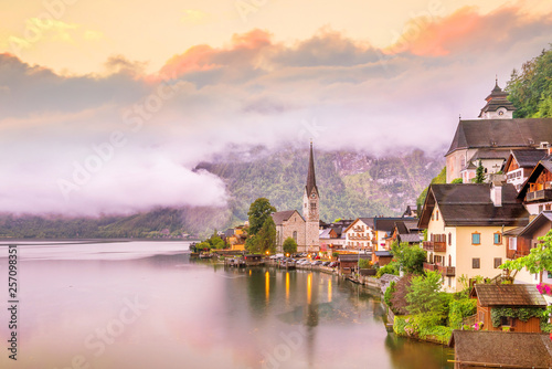 Scenic view of famous Hallstatt village in Austria photo