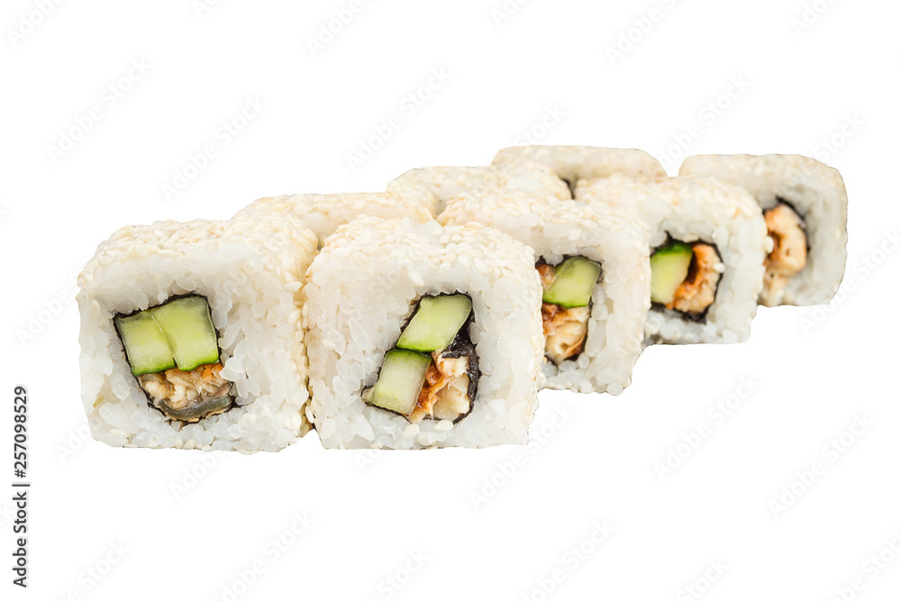 Classical roll sushi with smoked eel and avocado isolated on white background for menu. Japanese food Classical roll sushi with smoked eel and avocado isolated on white background for menu. Japanese food