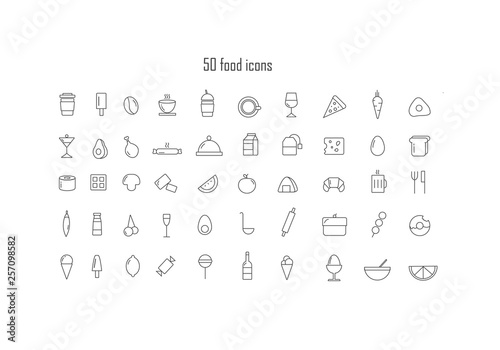 Set of food grey icons with fruits vegetables spoons flats coffee drinks meat on the white background 