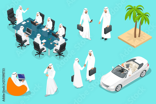 Isometirc Saudi Businessmens. Arab man n character set. Muslim businessman with gadgets isolated vector illustration.