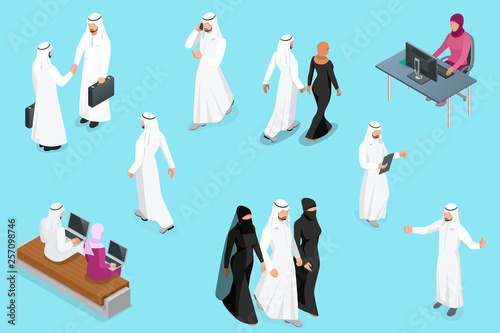 Isometirc Saudi Businessmens. Arab man and woman character set. Muslim businessman with gadgets isolated vector illustration.