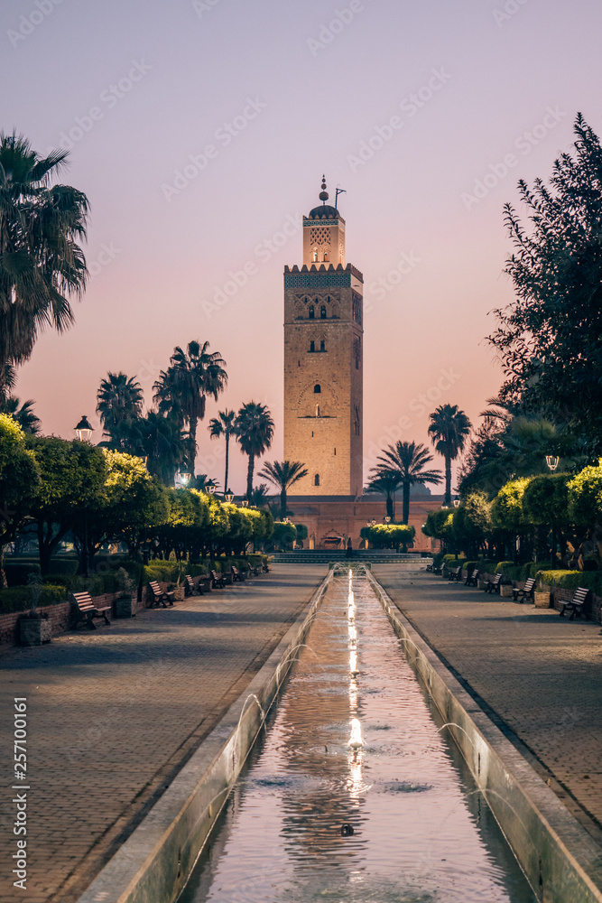 The beautiful minaret of the famous Koutoubia mosque in Marrakech at sunrise