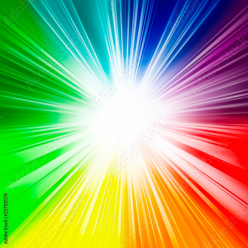 Bright rainbow background, rays, flash, white center, rays from the center, fun, rainbow colors, holiday, colorful background, illustration, light, abstract