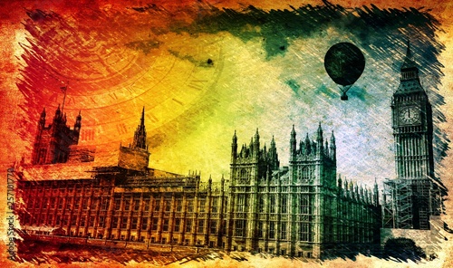 Photography Steampunk vintage London background on grunge canvas paper
