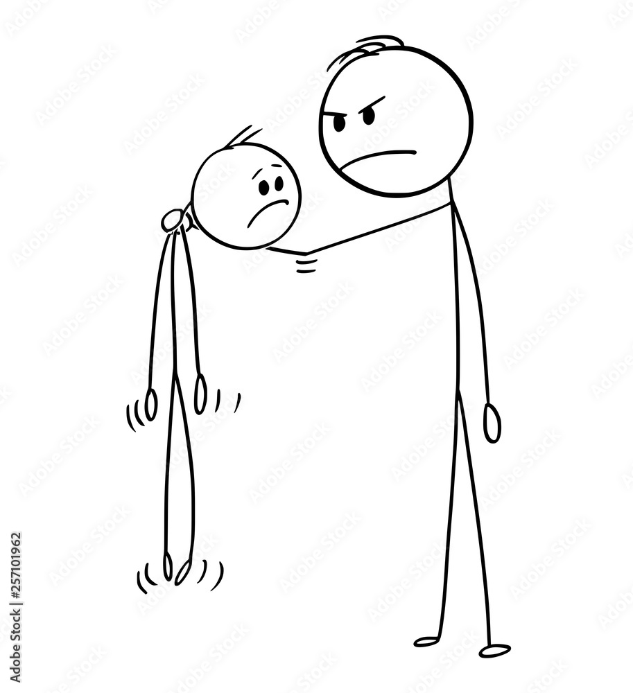 Cartoon stick figure drawing conceptual illustration of angry big and strong  man holding smaller and weaker man in the air. Stock Vector | Adobe Stock