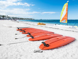 Paddles boards and windsurfs on tropical beach