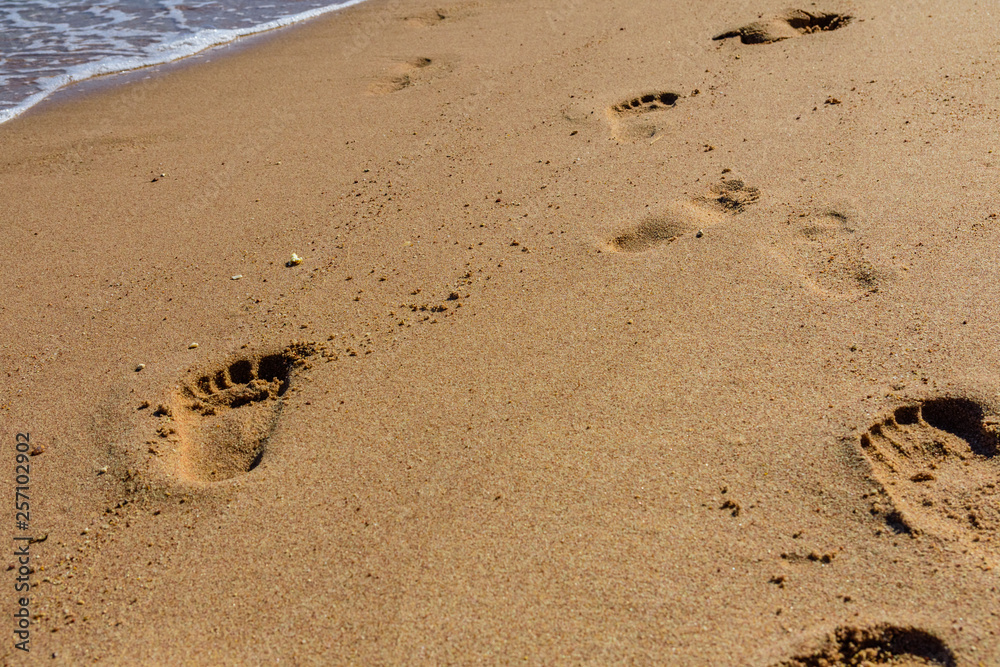 Obraz premium Human footprints on the sandy beach. Summer vacation concept