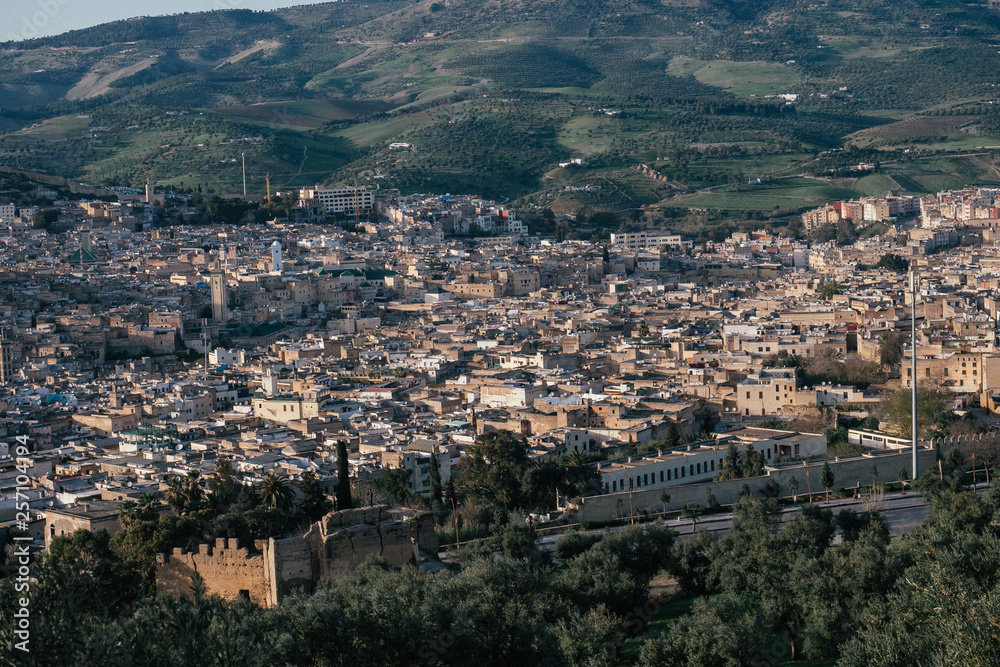 aerial shot of the cityscape of Fez, Morocco