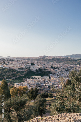 aerial landscape shot of the cityscape of fez, morocco
