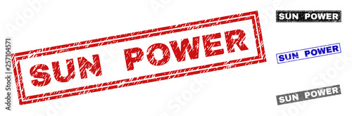 Grunge SUN POWER rectangle stamp seals isolated on a white background. Rectangular seals with grunge texture in red, blue, black and gray colors.