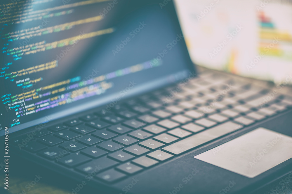 Closeup coding on screen,  coding html and programming on screen laptop, web development, developer