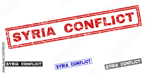Grunge SYRIA CONFLICT rectangle stamp seals isolated on a white background. Rectangular seals with grunge texture in red, blue, black and gray colors.