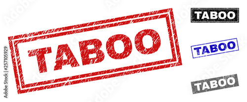 Grunge TABOO rectangle stamp seals isolated on a white background. Rectangular seals with distress texture in red, blue, black and gray colors.