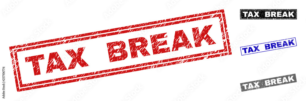 Grunge TAX BREAK rectangle stamp seals isolated on a white background. Rectangular seals with grunge texture in red, blue, black and grey colors. Grunge TAX BREAK rectangle stamp seals isolated on a white background. Rectangular seals with grunge texture in red, blue, black and grey colors.