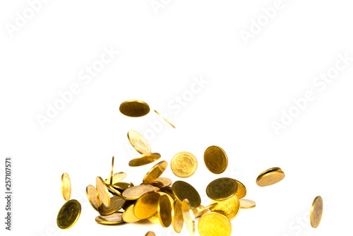 Movement of falling gold coin, flying coin, rain money isolated on white background, business and financial wealth and take profit concept.
