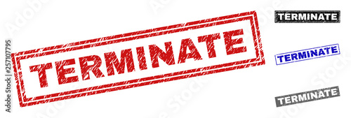 Grunge TERMINATE rectangle stamp seals isolated on a white background. Rectangular seals with grunge texture in red, blue, black and grey colors.