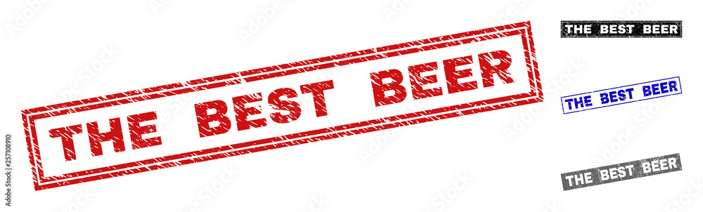Grunge THE BEST BEER rectangle stamp seals isolated on a white background. Rectangular seals with grunge texture in red, blue, black and grey colors. Grunge THE BEST BEER rectangle stamp seals isolated on a white background. Rectangular seals with grunge texture in red, blue, black and grey colors.