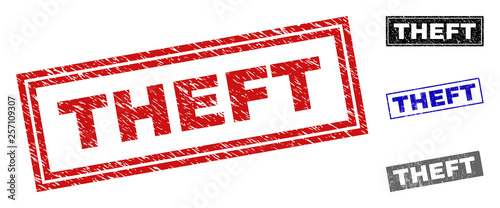 Grunge THEFT rectangle stamp seals isolated on a white background. Rectangular seals with grunge texture in red, blue, black and grey colors.