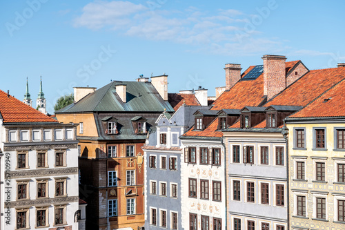 Warsaw, Poland Historic cityscape with view of colorful red architecture buildings in old town market square in morning