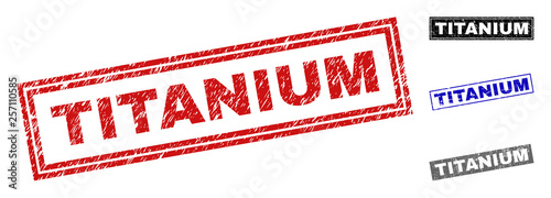 Grunge TITANIUM rectangle stamp seals isolated on a white background. Rectangular seals with grunge texture in red, blue, black and grey colors.