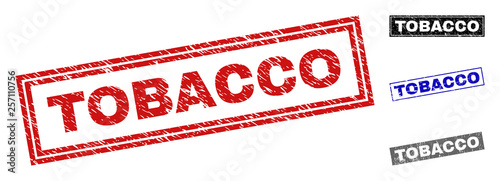 Grunge TOBACCO rectangle stamp seals isolated on a white background. Rectangular seals with grunge texture in red, blue, black and gray colors.