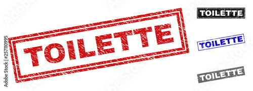Grunge TOILETTE rectangle stamp seals isolated on a white background. Rectangular seals with distress texture in red, blue, black and gray colors.