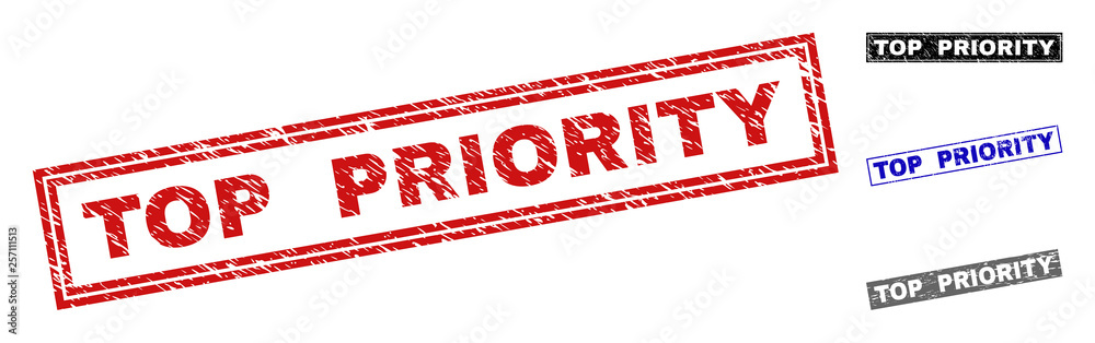 Grunge TOP PRIORITY rectangle watermarks isolated on a white background. Rectangular seals with grunge texture in red, blue, black and gray colors. Grunge TOP PRIORITY rectangle watermarks isolated on a white background. Rectangular seals with grunge texture in red, blue, black and gray colors.