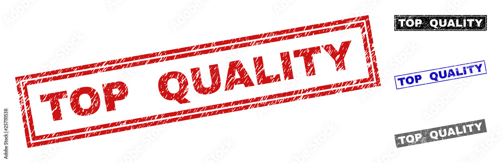 Grunge TOP QUALITY rectangle stamp seals isolated on a white background. Rectangular seals with grunge texture in red, blue, black and grey colors. Grunge TOP QUALITY rectangle stamp seals isolated on a white background. Rectangular seals with grunge texture in red, blue, black and grey colors.