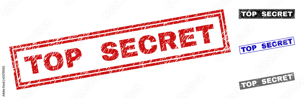 Grunge TOP SECRET rectangle stamp seals isolated on a white background. Rectangular seals with grunge texture in red, blue, black and grey colors. Grunge TOP SECRET rectangle stamp seals isolated on a white background. Rectangular seals with grunge texture in red, blue, black and grey colors.
