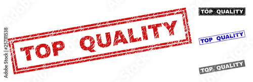 Grunge TOP QUALITY rectangle stamp seals isolated on a white background. Rectangular seals with grunge texture in red, blue, black and grey colors.
