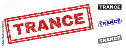 Grunge TRANCE rectangle stamp seals isolated on a white background. Rectangular seals with grunge texture in red, blue, black and gray colors.